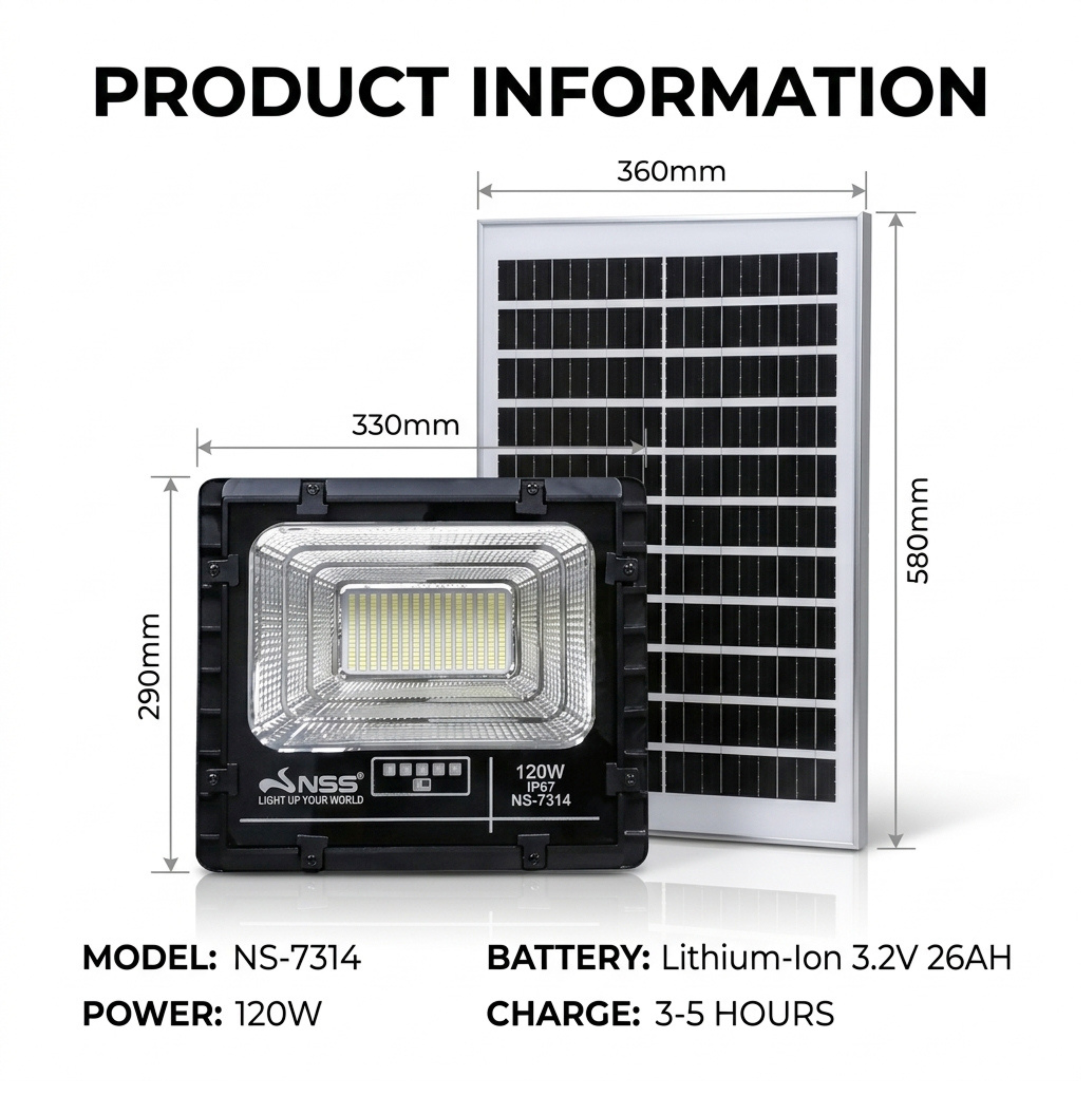NSS 120W Solar Flood Light – IP67 Waterproof LED Security Light with Remote Control