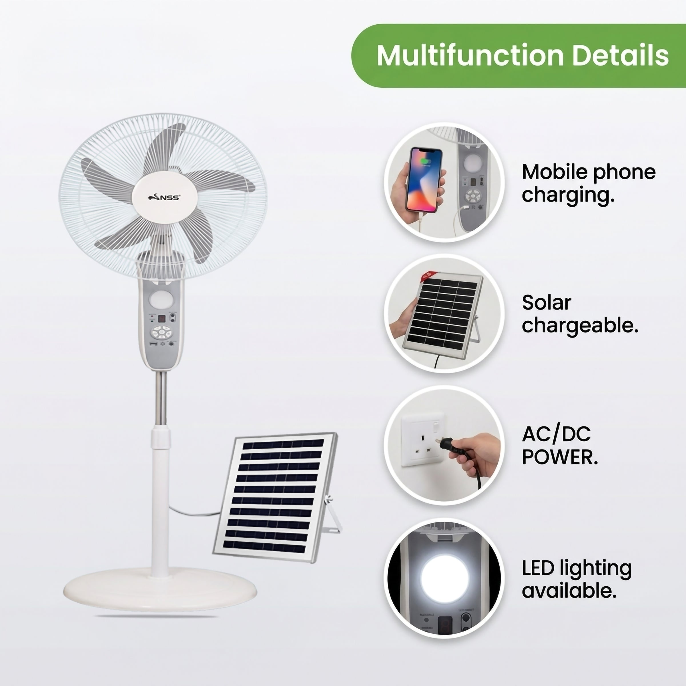 NSS 16" Solar Rechargeable Stand Fan