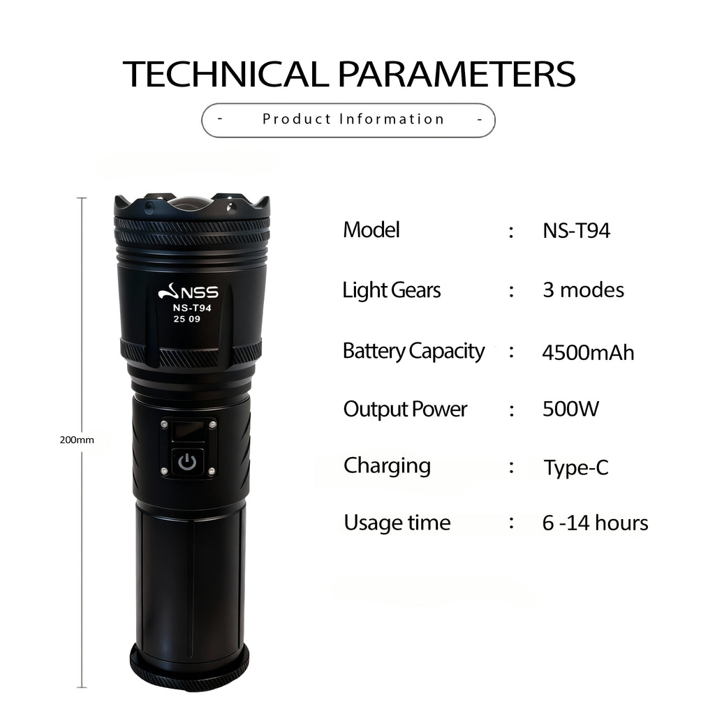 NSS 500W Zoomable Super Bright LED Flashlight