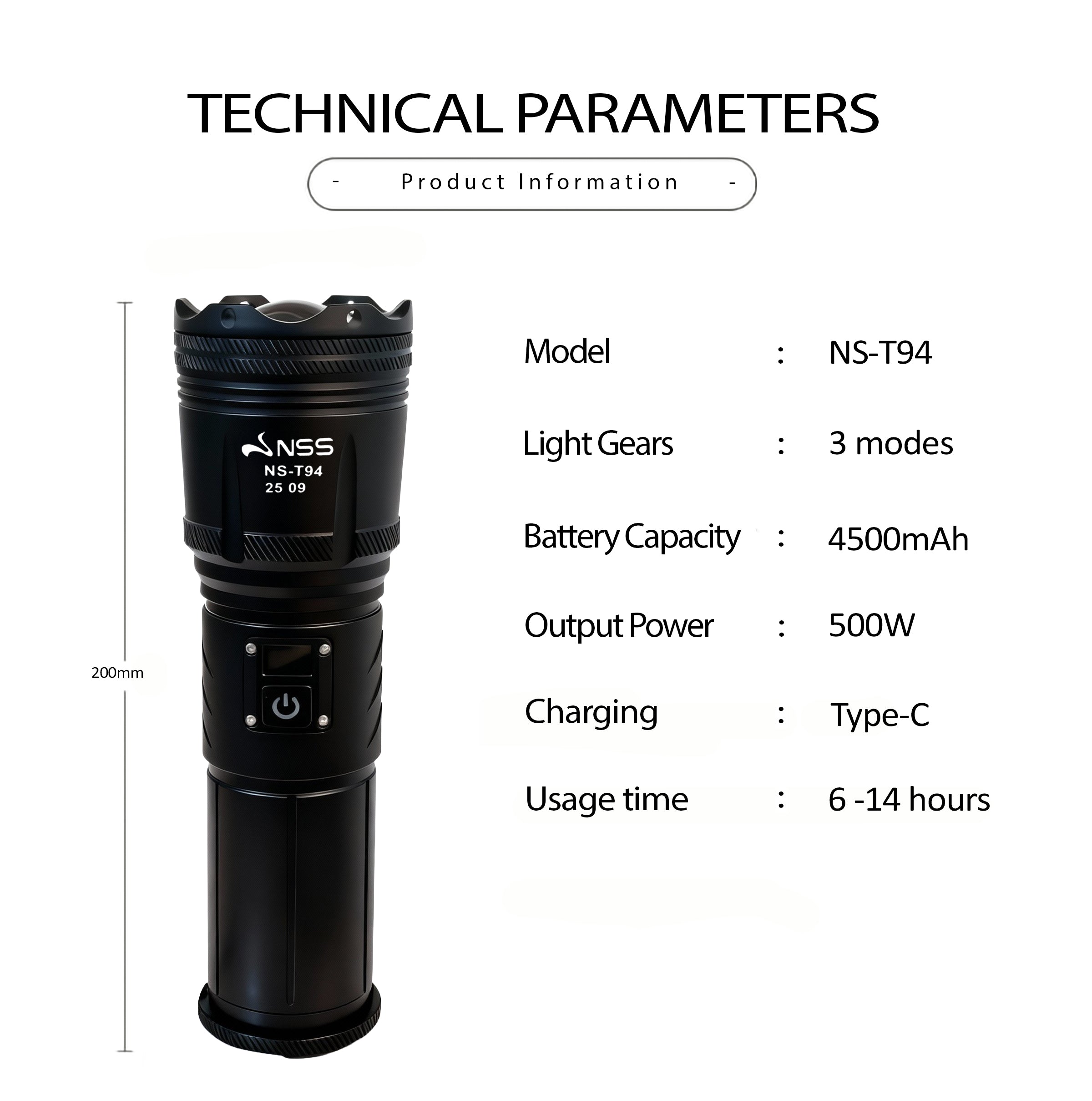 NSS 500W Zoomable Super Bright LED Flashlight