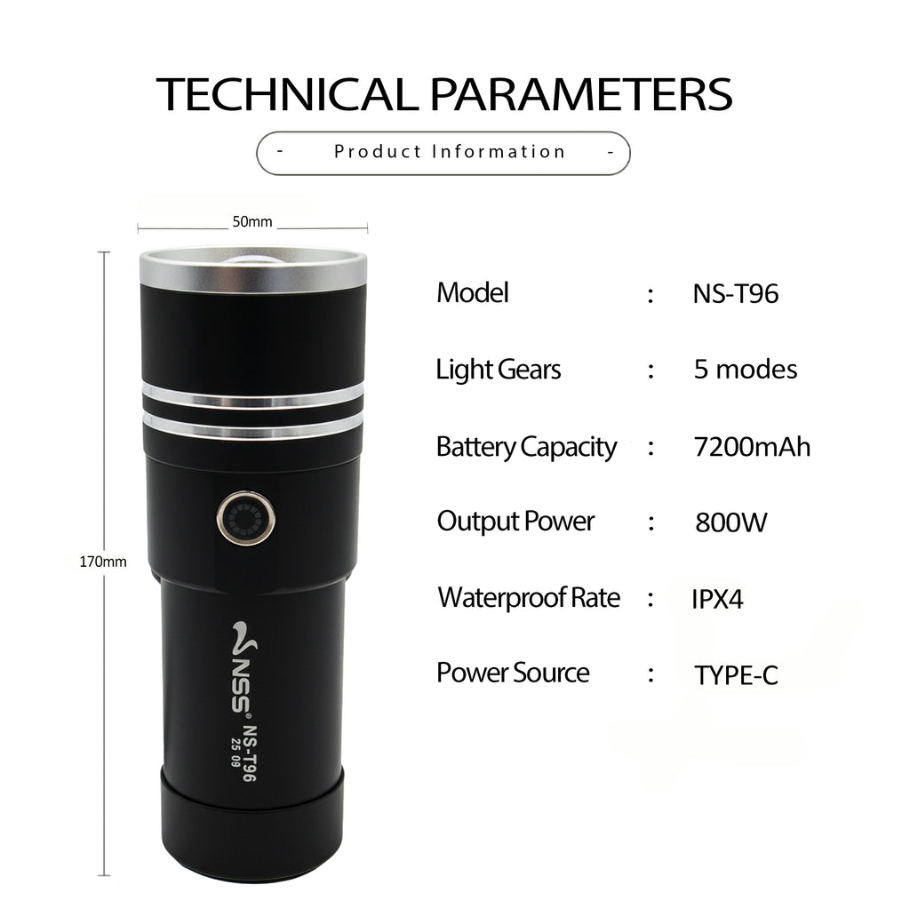 NSS 800W Zoomable LED Flashlight Rechargeable High Power Portable Flashlight