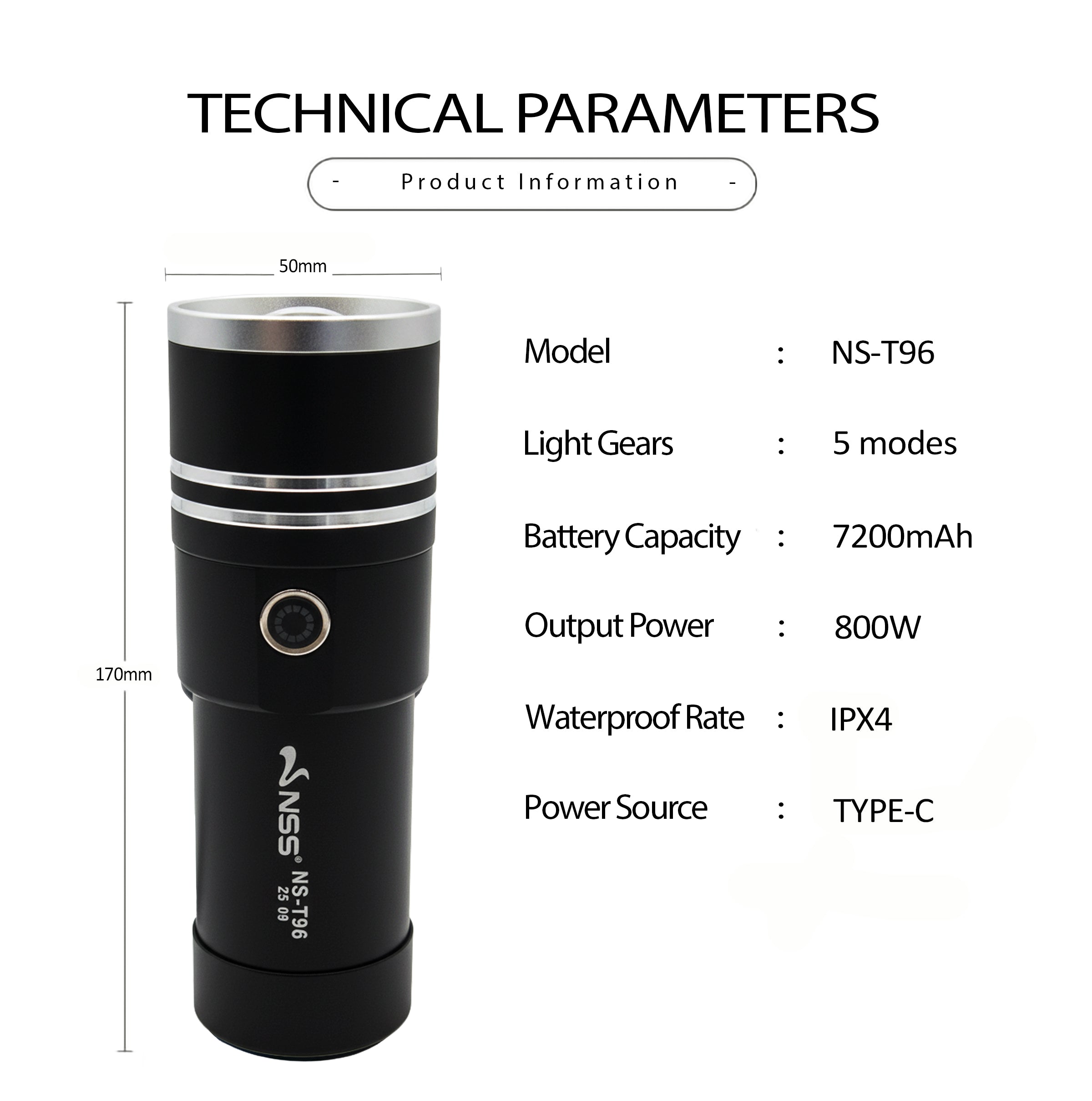 NSS 800W Zoomable LED Flashlight Rechargeable High Power Portable Flashlight