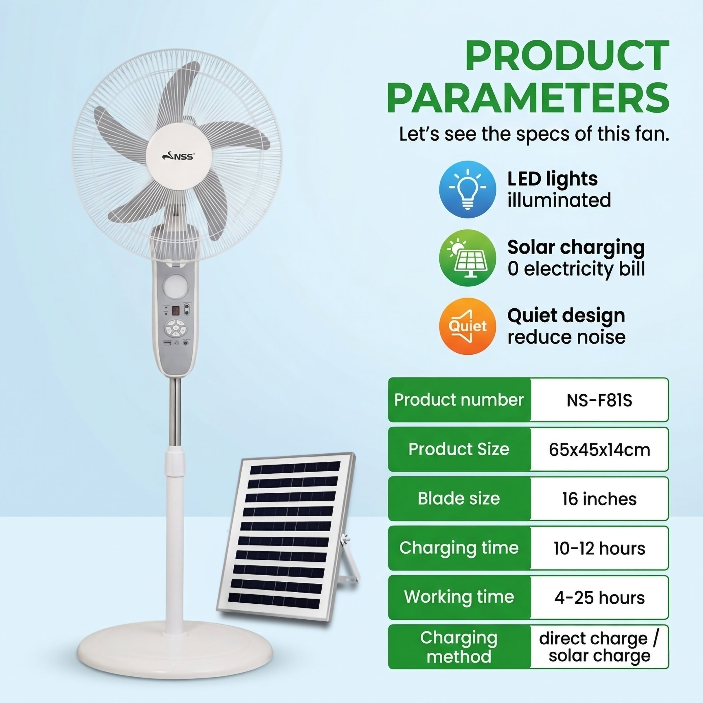 NSS 16" Solar Rechargeable Stand Fan