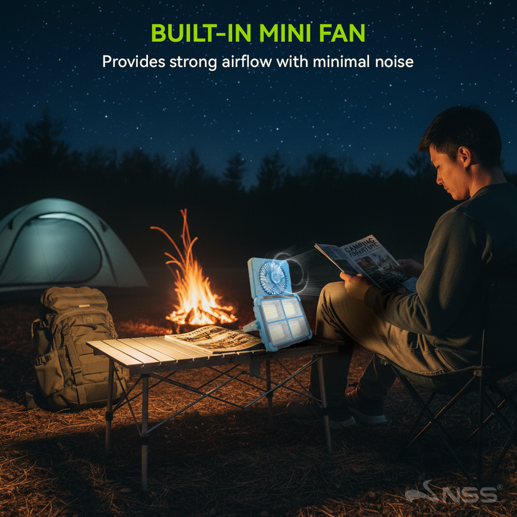 NSS Solar Rechargeable Emergency Fan Light with Powerbank – IP66 Waterproof LED Light