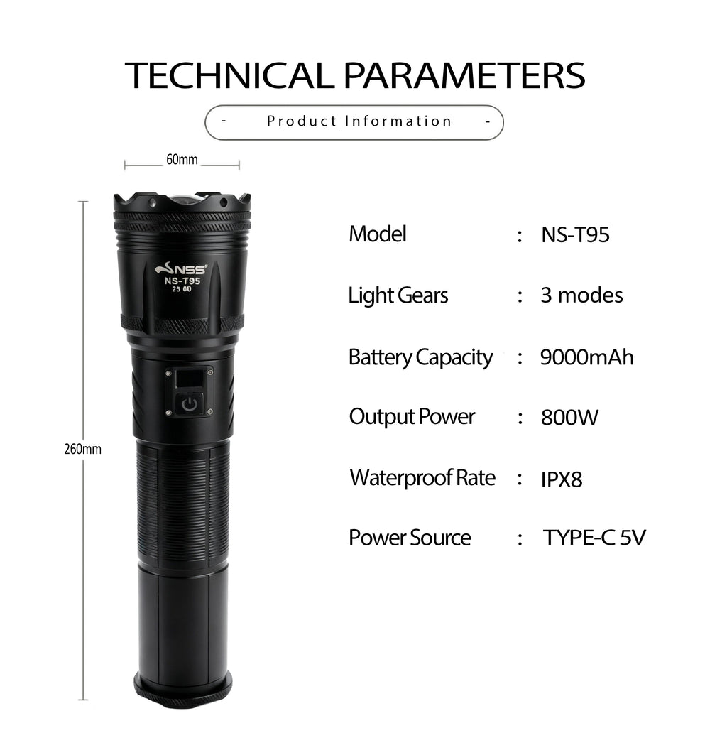 NSS 800W Zoomable 3 Modes Emergency  LED Flashlight
