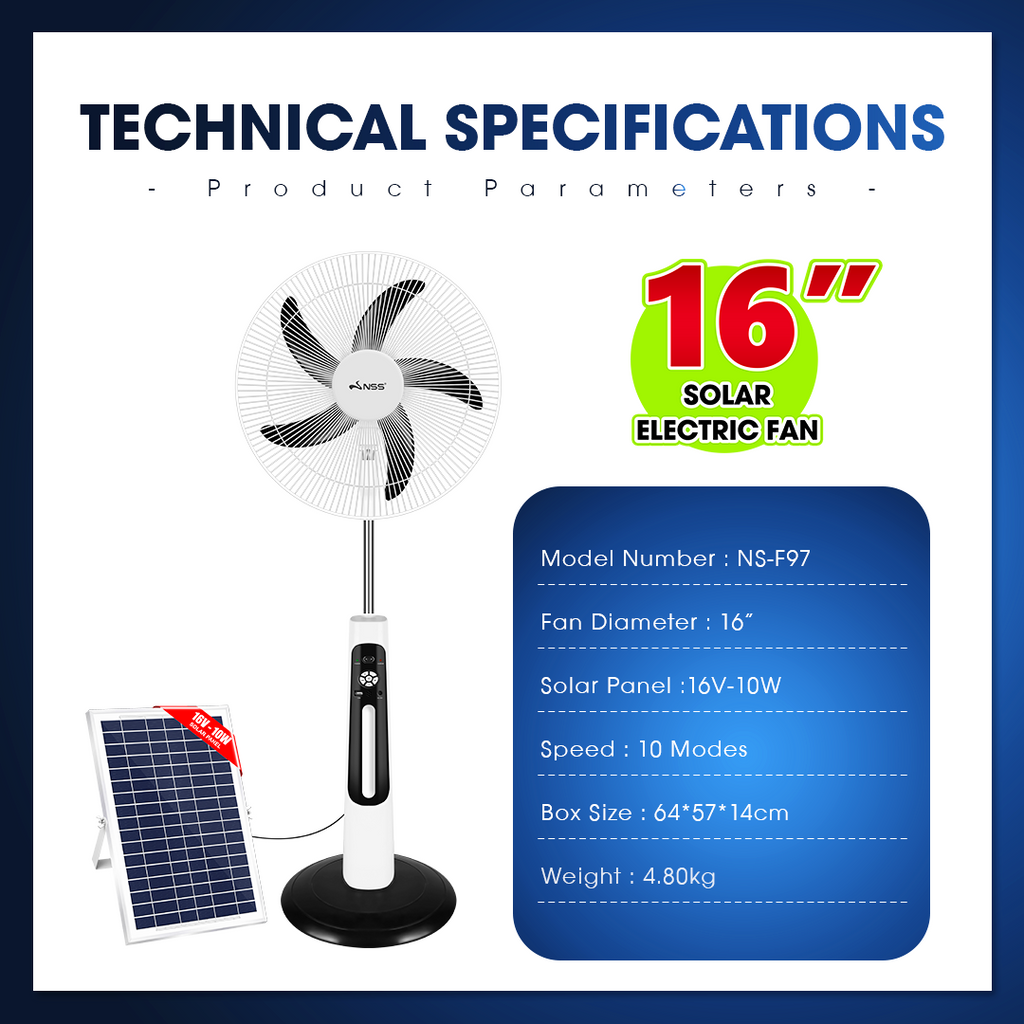 NSS 16" Solar Rechargeable Stand Fan – 10 Speed Modes & Emergency Power Bank