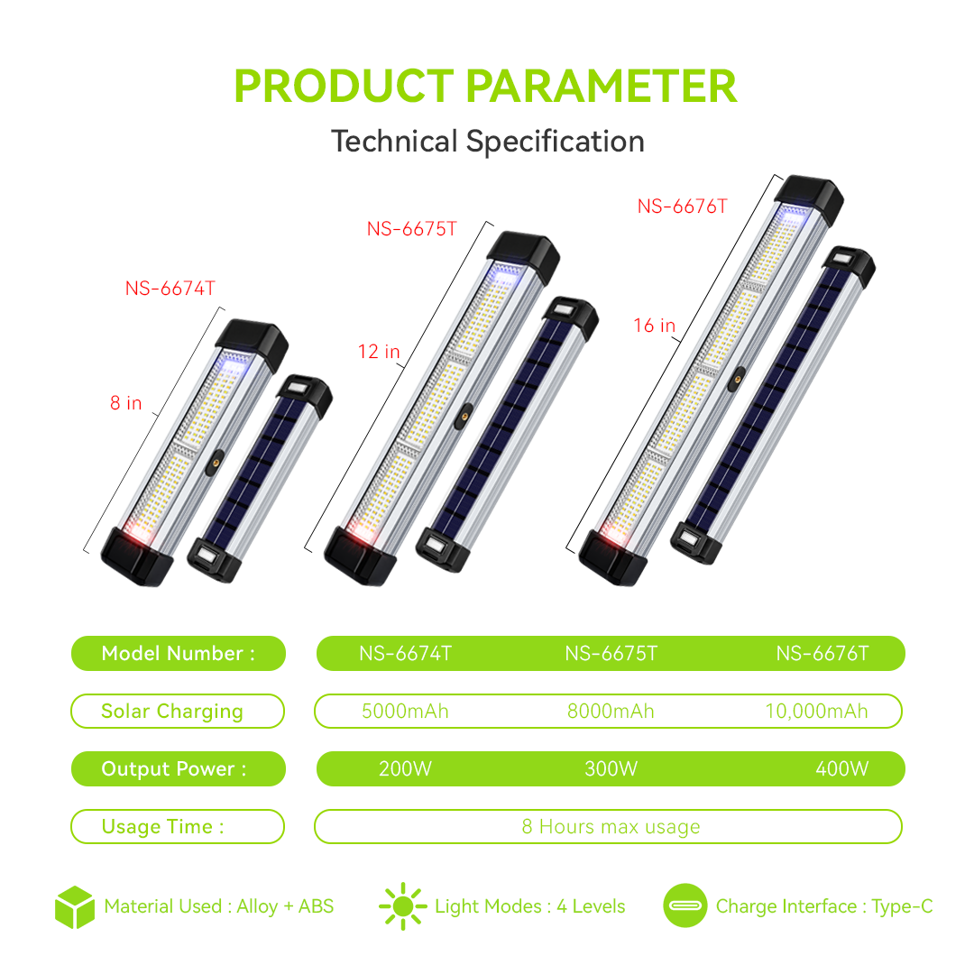 NSS Solar LED Tube Light with Power Bank – Multi-Color Alloy Emergency Lamp for Camping & Outdoor Use