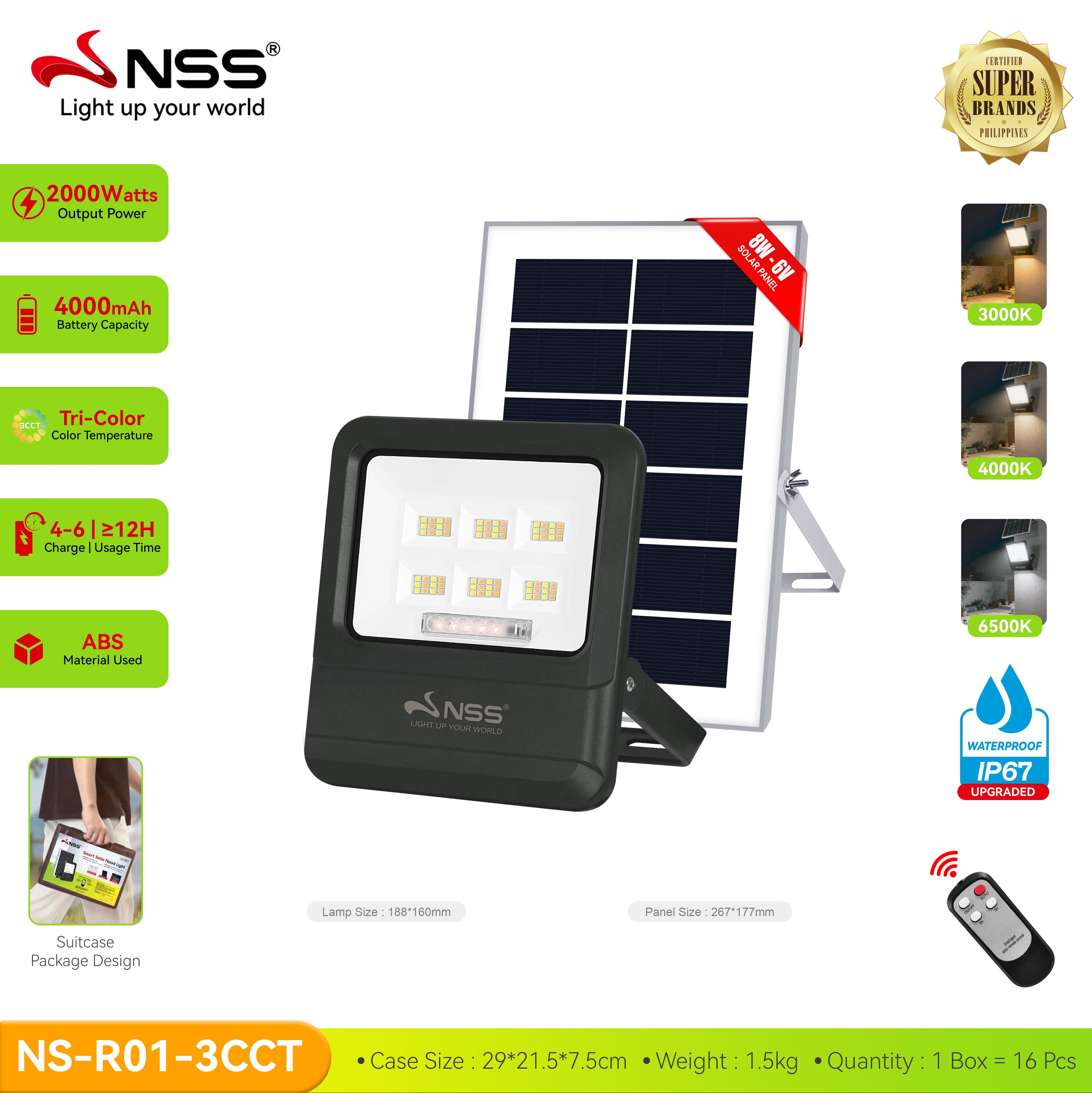 NSS Solar Tri-Color LED Flood Light with Remote Control & IP67 Waterproof Design