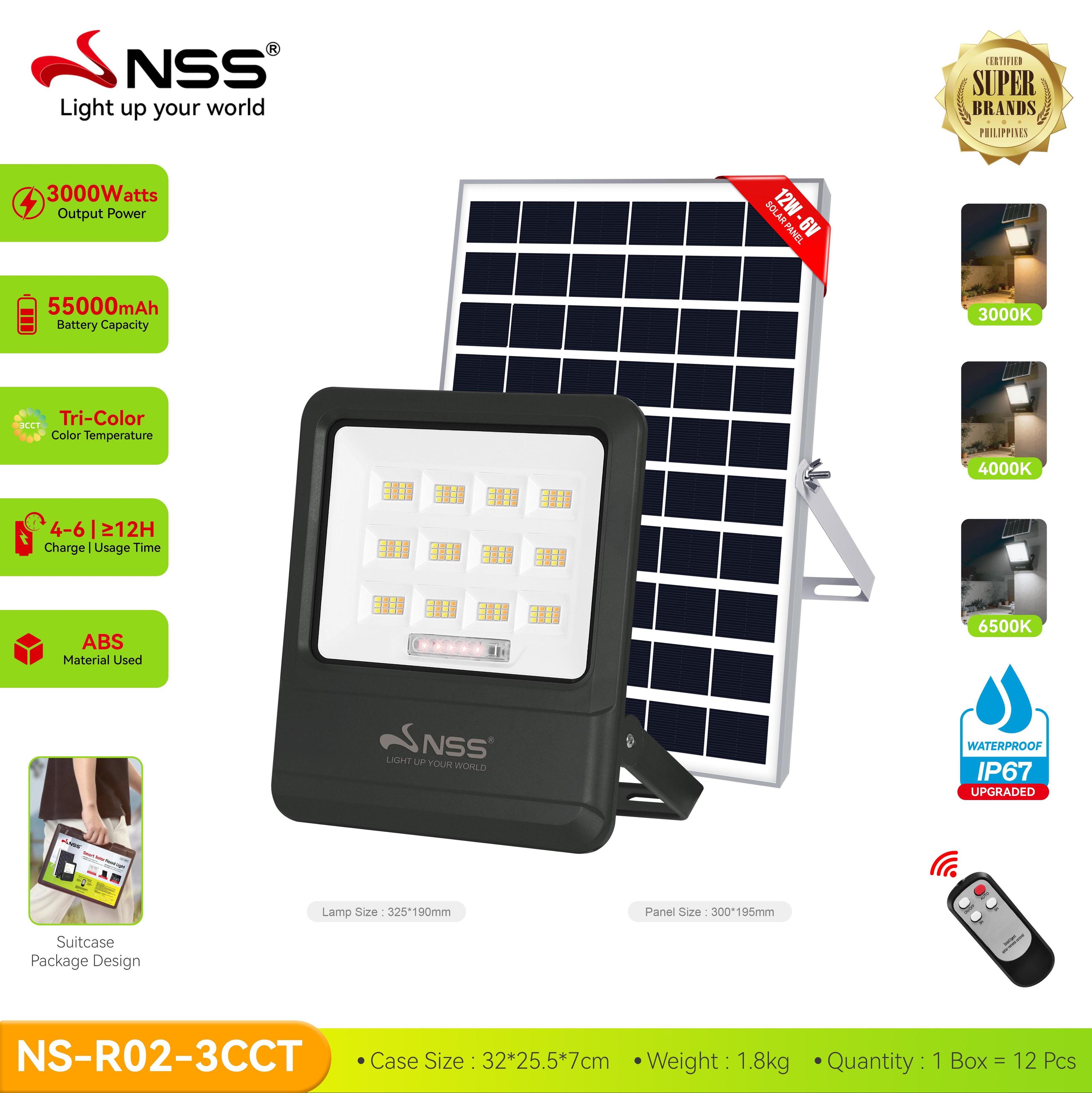 NSS Solar Tri-Color LED Flood Light with Remote Control & IP67 Waterproof Design