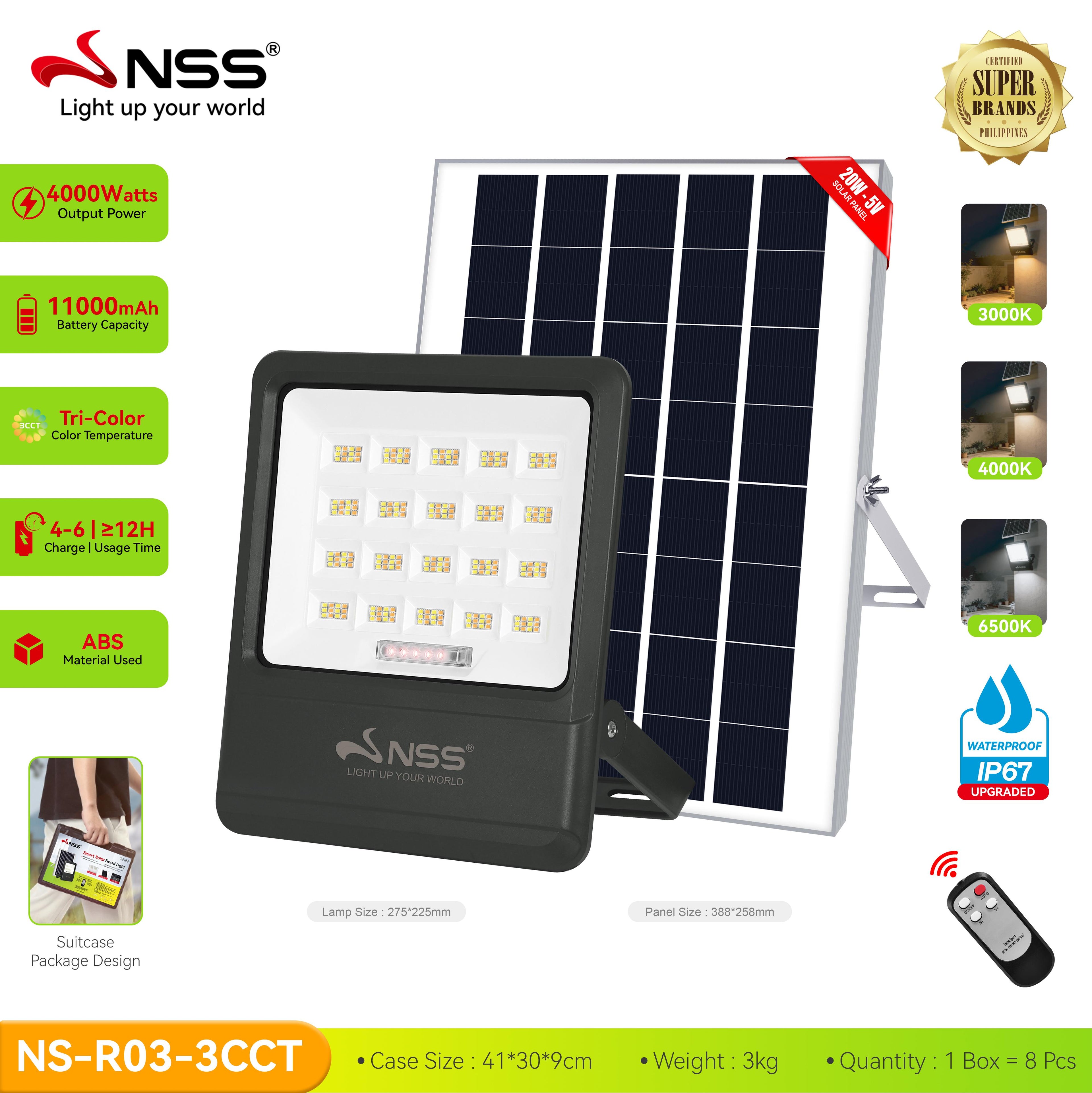NSS Solar Tri-Color LED Flood Light with Remote Control & IP67 Waterproof Design