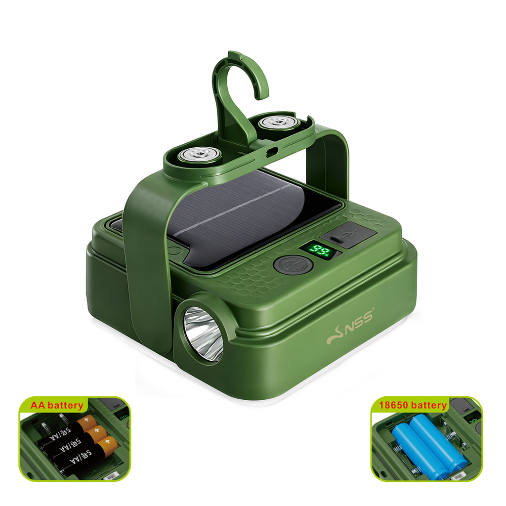 NSS Solar Powered Emergency Light with Power Bank – Portable Camping Lamp with Magnetic Base & Hanging Hook