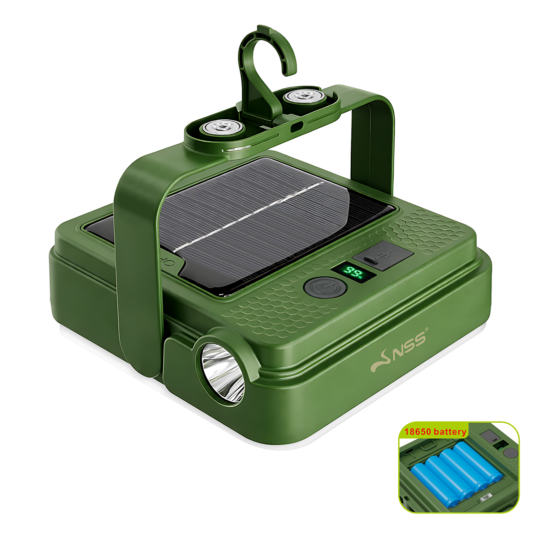 NSS Solar Powered Emergency Light with Power Bank – Portable Camping Lamp with Magnetic Base & Hanging Hook
