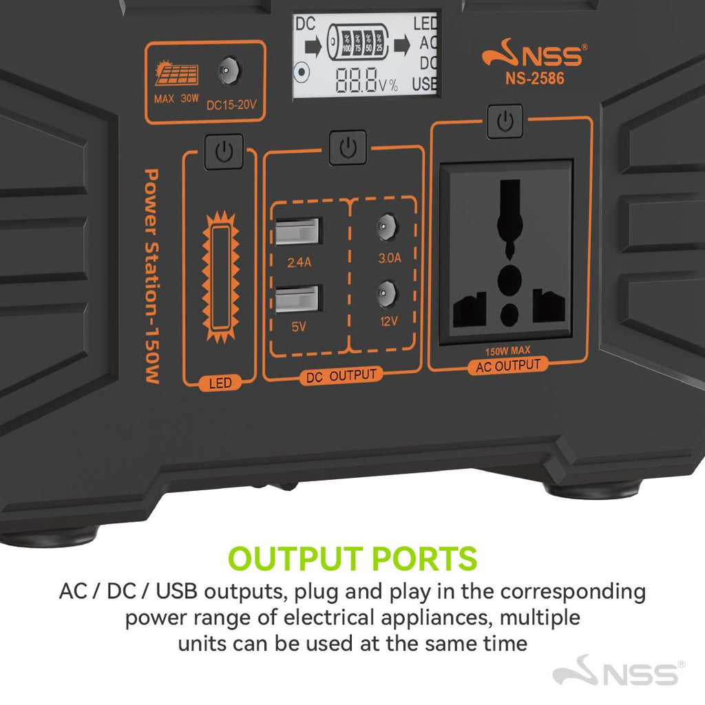 NSS [NEW LAUNCH] 150W Portable Power Station with Solar Panel Kit - Rechargeable Solar Generator, Multi-Function Output Ports, Emergency Battery Backup for Camping, Outdoor, & Home Blackout - NS-2586