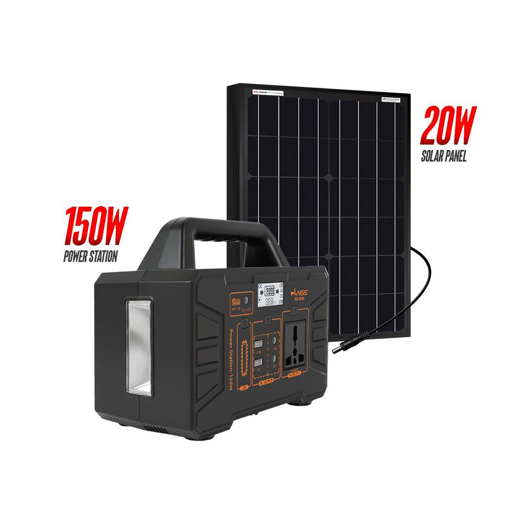 NSS [NEW LAUNCH] 150W Portable Power Station with Solar Panel Kit - Rechargeable Solar Generator, Multi-Function Output Ports, Emergency Battery Backup for Camping, Outdoor, & Home Blackout - NS-2586