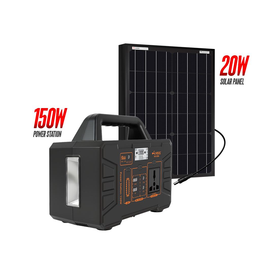NSS [NEW LAUNCH] 150W Portable Power Station with Solar Panel Kit - Rechargeable Solar Generator, Multi-Function Output Ports, Emergency Battery Backup for Camping, Outdoor, & Home Blackout - NS-2586
